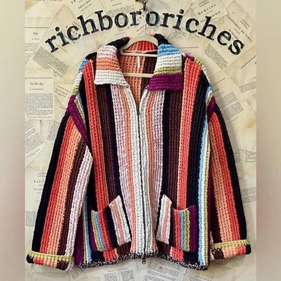 Free Peoplle Everything Cardi Sweater Heavy Weight Striped Zipper Pockets - Picture 6 of 8